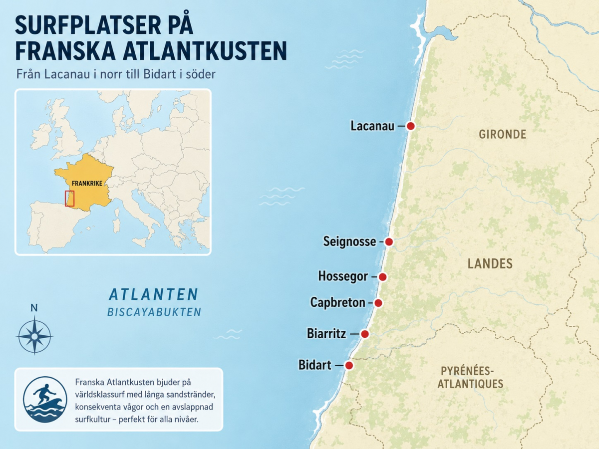 Karta över Franska atlantkustens bästa surfplatser